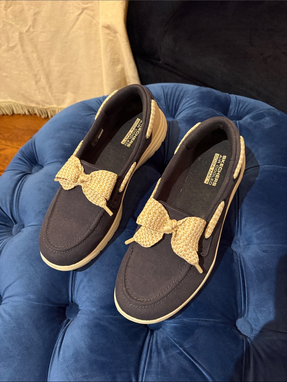 Skechers Navy Slip-On Loafers with Woven Beige Bow